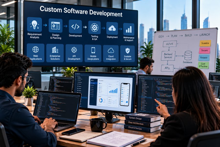 Custom software development team working on applications